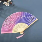 Beluga Yelpaze Bambu Kumaş Serinletici Vintage Pembe/Lila Bahar Dalı Şık Dekorasyon Püsküllü Japon Yelpaze 0235 - 1