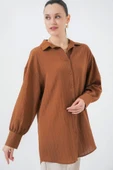 Çizgili Uzun Gömlek Tunik 5963 - Kahverengi thumbnail 4