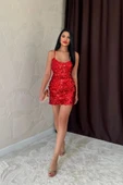Kırmızı Payetli Askılı Elbise - 3