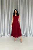Bordo Önü Britli Pileli Elbise - 2