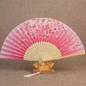 Beluga Yelpaze Bambu Kumaş Serinletici Vintage Pembe Çiçekli Şık Dekorasyon Püsküllü Japon Yelpaze 0389 - 1