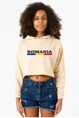 Romania Flag Lettern Bej Kadın Crop Kapşonlu - 1
