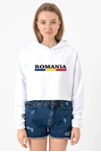 Romania Flag Lettern Beyaz Optik Kadın Crop Kapşonlu thumbnail 1