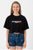 Romania Flag Lettern Siyah Kadın Crop Tshirt thumbnail 1
