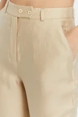 Açık Bej Keten İspanyol Paça Dokuma Pantolon - 3