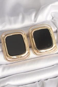 Pirinç Gold Renk Siyah Mineli Kare Model Kadın Küpe - TJ-BKP10429 - 1