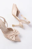 İNF-4505 Bej Saten Günlük Arkası Açık Kurdele detaylı Topuklu Bayan Ayakkabı thumbnail 4
