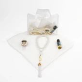 Tesbih + Eşarp + Zikirmatik + Esans Hediye Seti (Çantalı Asetat Kutu, Krem) - 2