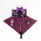 Tesbih + Eşarp + Zikirmatik + Esans Hediye Seti (Çantalı Asetat Kutu, Mor) - 2