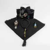 Tesbih + Eşarp + Zikirmatik + Esans Hediye Seti (Çantalı Asetat Kutu, Siyah) - 2
