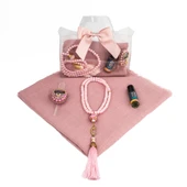 Tesbih + Eşarp + Zikirmatik + Esans Hediye Seti (Çantalı Asetat Kutu, Pembe) - 2