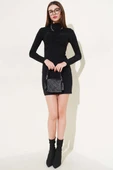 Omuz Büzgülü Uzun Kol Mini Elbise Siyah thumbnail 2