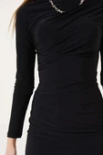 Omuz Büzgülü Uzun Kol Mini Elbise Siyah thumbnail 4