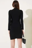 Omuz Büzgülü Uzun Kol Mini Elbise Siyah thumbnail 3