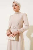 Kol ve Yaka Pliseli Taşlı Elbise Bej thumbnail 2