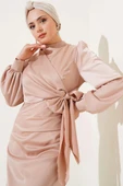 Yandan Bağlamalı Saten Elbise Pudra thumbnail 2