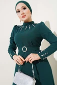 Taşlı Kemer Tokalı Elbise Zümrüt - 2