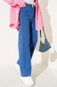 Kuşaklı Geniş Paça Kot Pantolon Mavi thumbnail 2