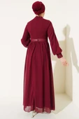 Taş Detaylı Kemerli Şifon Elbise Bordo thumbnail 3