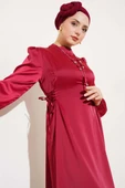 Yanları İp Bağcıklı Saten Elbise Bordo thumbnail 2