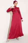 Yanları İp Bağcıklı Saten Elbise Bordo thumbnail 1