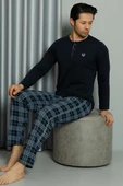 Düğmeli Ekoseli Uzun Kol Erkek Pijama Takım Lacivert - 1