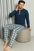 Yaka Düğmeli Ekoseli Erkek Pijama Takımı İndigo thumbnail 2