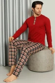 Yaka Düğmeli Ekoseli Erkek Pijama Takımı Bordo thumbnail 1