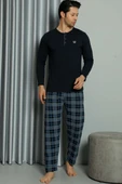 Düğmeli Ekoseli Uzun Kol Erkek Pijama Takım Lacivert - 2