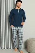 Yaka Düğmeli Ekoseli Erkek Pijama Takımı İndigo thumbnail 1