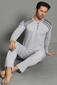 Omuz Şeritli Düğmeli Erkek Pijama Takımı Gri - 1