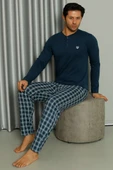 Uzun Kollu Düğmeli Ekoseli Erkek Pijama Takım İndigo thumbnail 1