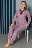 V Yaka Desenli Dantelli Pijama Takımı Magenta - 1