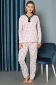 V Yaka Desenli Dantelli Pijama Takımı Pembe thumbnail 2
