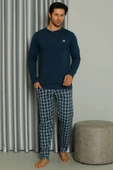 Uzun Kollu Düğmeli Ekoseli Erkek Pijama Takım İndigo thumbnail 2