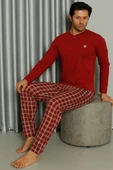Uzun Kollu Düğmeli Ekoseli Erkek Pijama Takım Bordo thumbnail 2