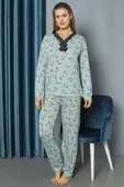 V Yaka Desenli Dantelli Pijama Takımı Çağla Yeşili thumbnail 1