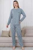 Yaka Çiçek Nakışlı Pijama Takımı Mint thumbnail 2