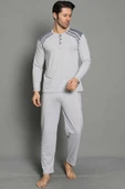Omuz Şeritli Düğmeli Erkek Pijama Takımı Gri - 2