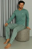 Uzun Kollu Düğmeli Ekoseli Erkek Pijama Takım Mint - 1