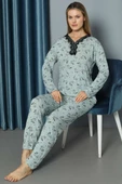 V Yaka Desenli Dantelli Pijama Takımı Çağla Yeşili thumbnail 2