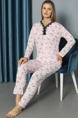 V Yaka Desenli Dantelli Pijama Takımı Pembe - 1