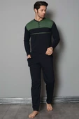 Yaka Düğmeli Çift Renk Erkek Pijama Takımı Lacivert Haki - 1