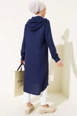 Kapüşonlu Düğmeli Uzun Kap Lacivert thumbnail 3
