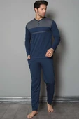 Yaka Düğmeli Çift Renk Erkek Pijama Takımı İndigo - 1