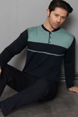 Yaka Düğmeli Çift Renk Erkek Pijama Takımı Lacivert Yeşil thumbnail 2