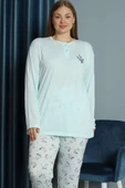 Nakışlı Desenli Viskon Büyük Beden Pijama Takım Buz Mavisi - 2