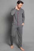 Uzun Kol Boydan Düğmeli Erkek Pijama Takımı Füme Bordo thumbnail 1