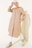 Kapüşonlu Düğmeli Uzun Kap Bej thumbnail 2