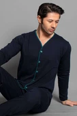 Uzun Kol Boydan Düğmeli Erkek Pijama Takımı Lacivert Yeşil thumbnail 2